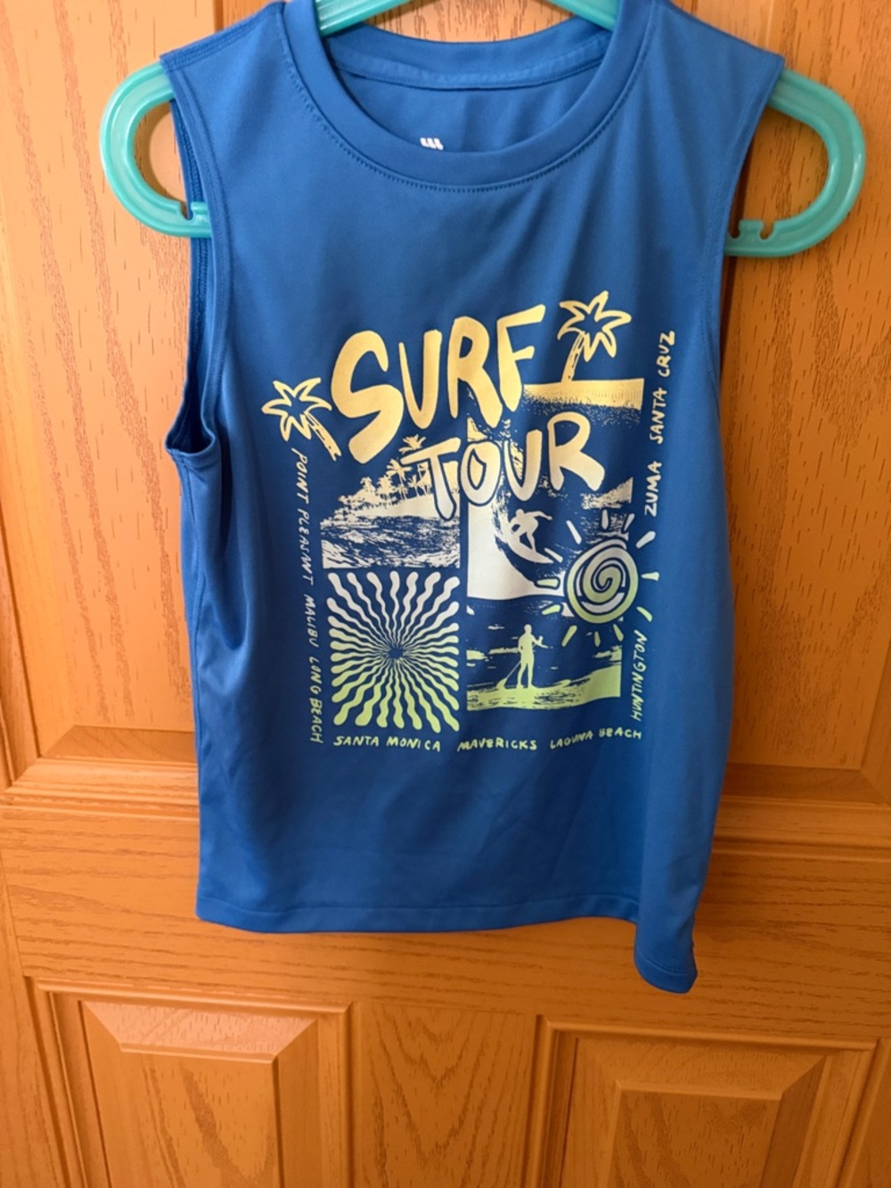 all in motion Blue Tank Top with Yellow-Green Surf Tour Graphic